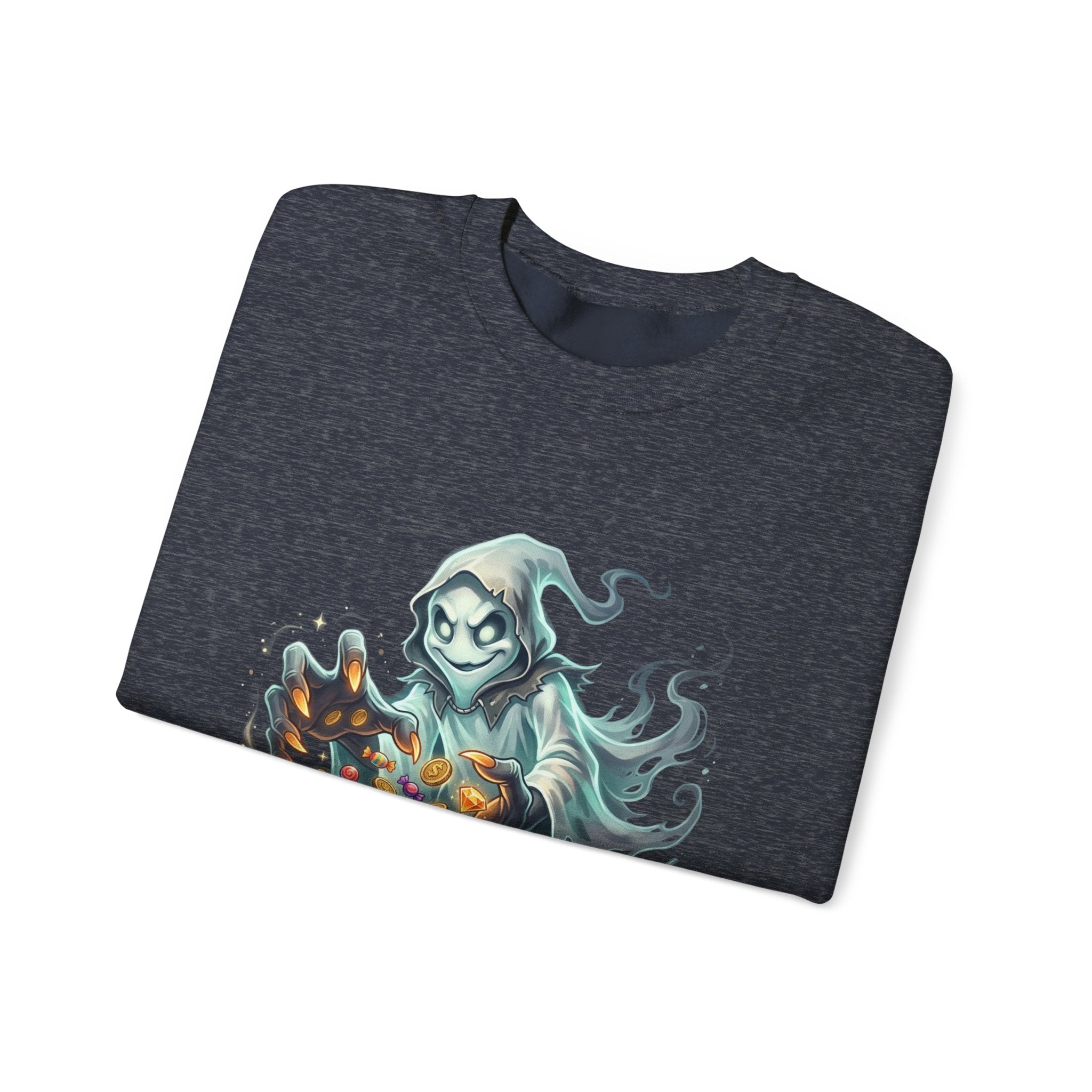 Treasure Ghost Halloween Crewneck Sweatshirt — Hooded Specter with Glowing Candy