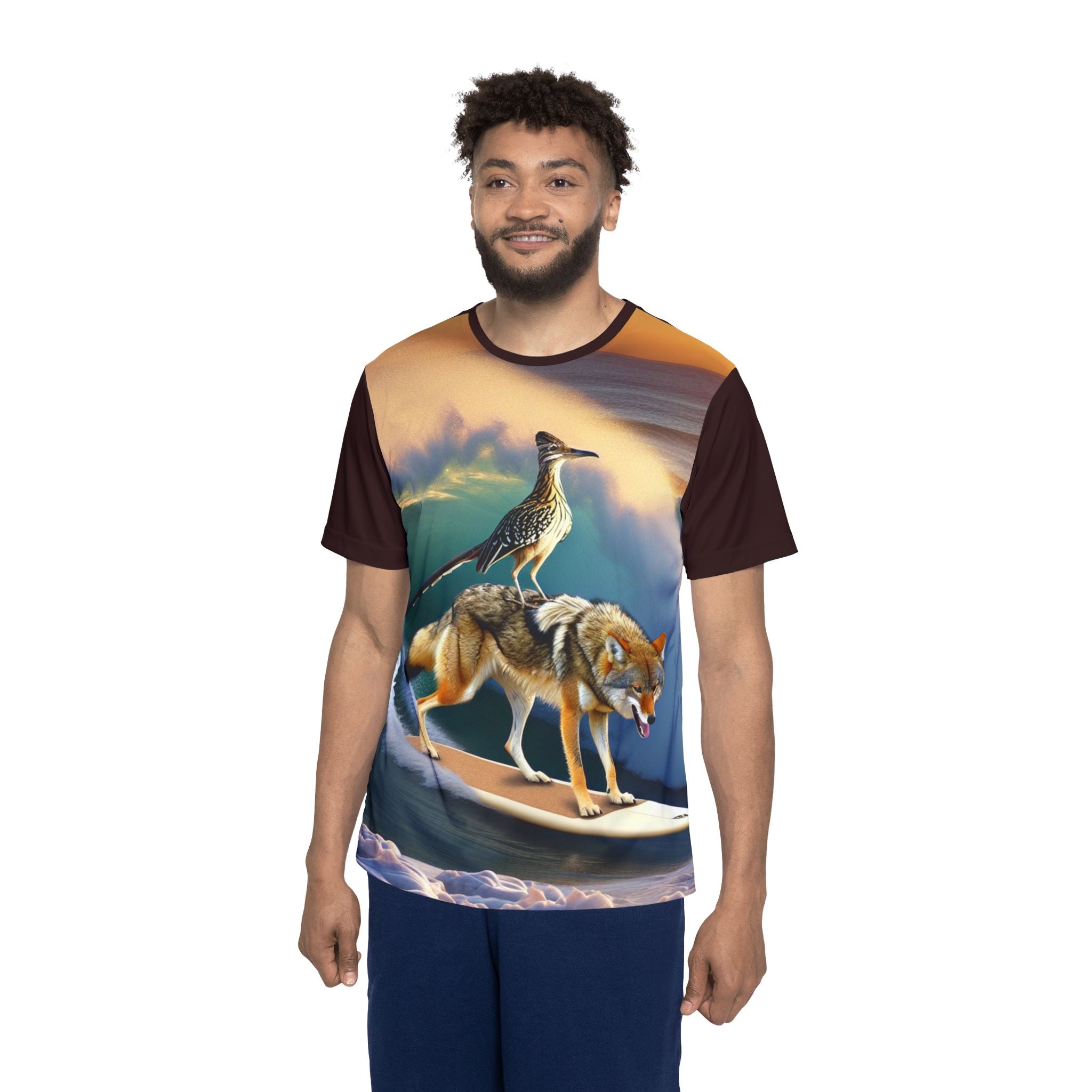 Surfing Coyote & Roadrunner Men’s Sports Jersey — All-Over Print Tropical Wave Tee