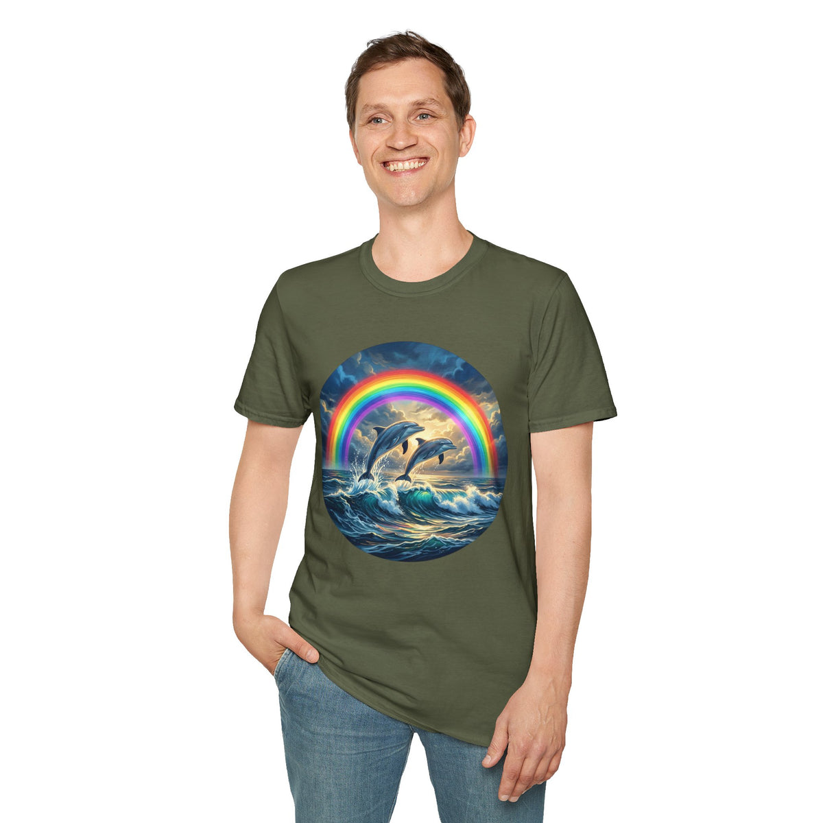 Dolphin Rainbow Wave T-Shirt — Ocean Sunset Graphic Tee