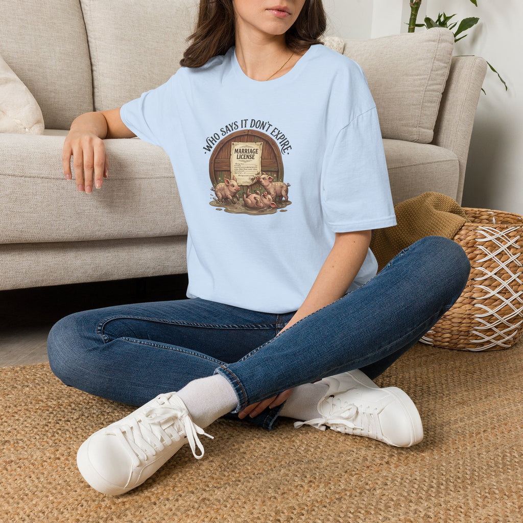 Funny Pig Wedding T-Shirt — "Who Says It Don't Expire" Marriage License Graphic Tee