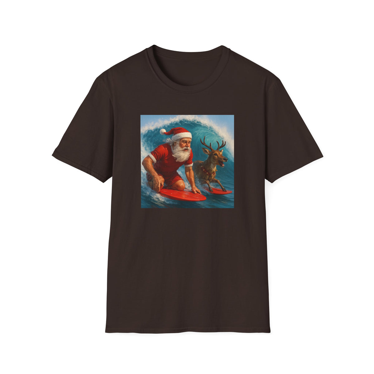Santa Surfing T-Shirt — Retro Santa and Reindeer Surf Holiday Tee