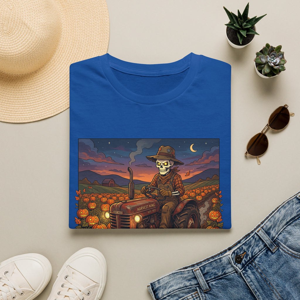 Halloween Pumpkin Farm T‑Shirt — Skeleton Farmer on Tractor Design