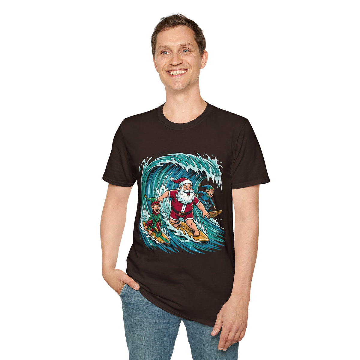 Surfing Santa T-Shirt — Christmas Beach Holiday Tee