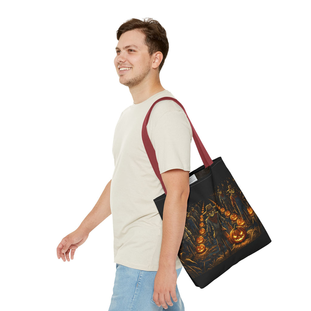 Halloween Scarecrow Parade Tote Bag – Spooky Pumpkin Field All-Over Print Tote