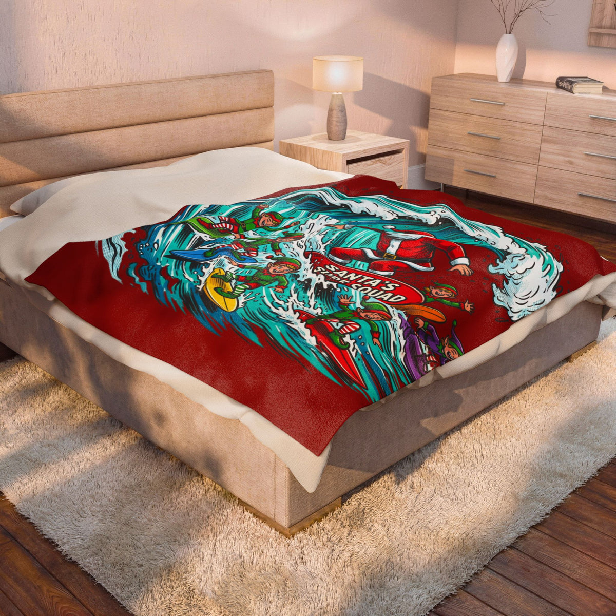 Christmas Surf Blanket — "Santa's Surf Squad" Velveteen Throw