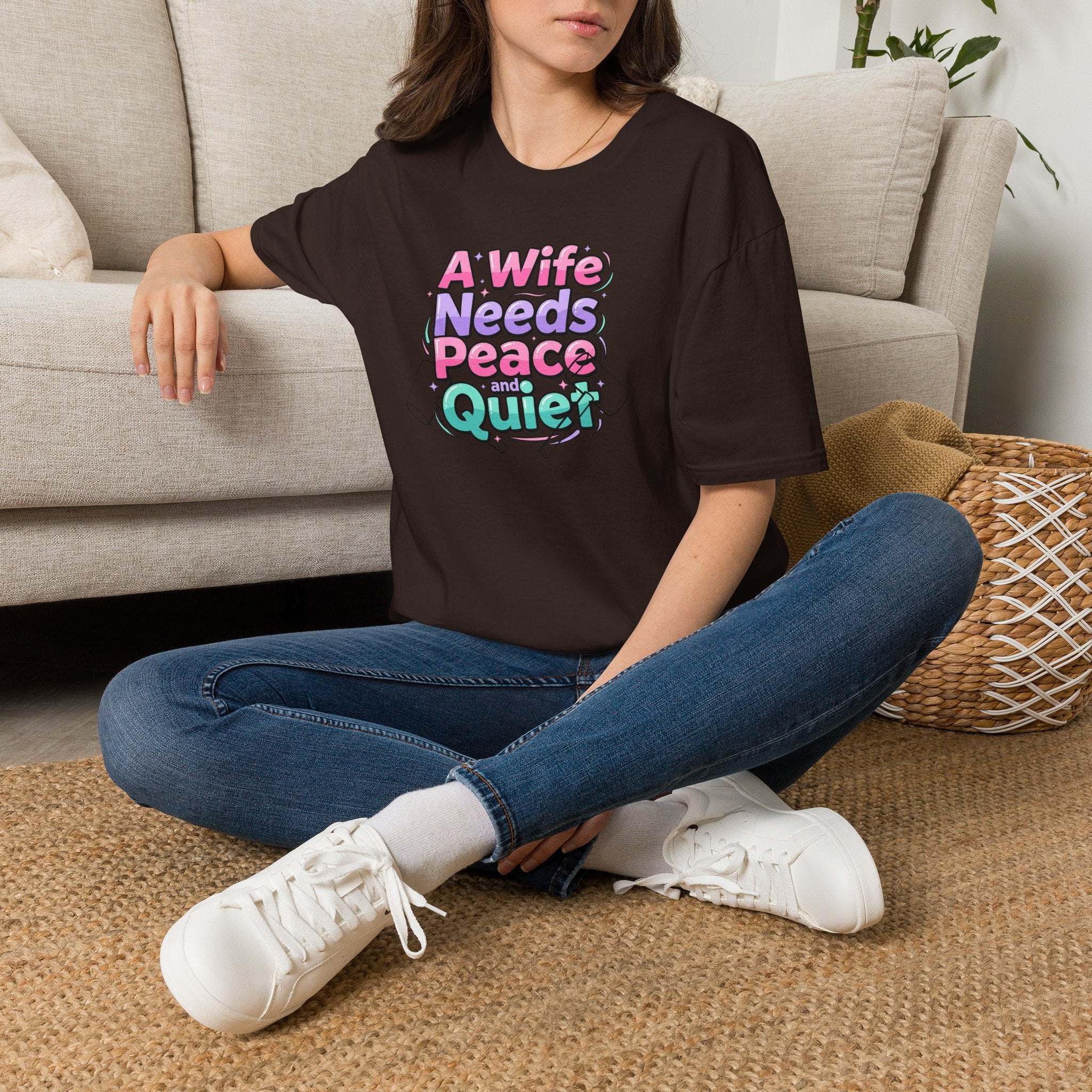 Womens T-Shirt “A Wife Needs Peace and Quiet” – Funny Retro Pastel Graphic Tee