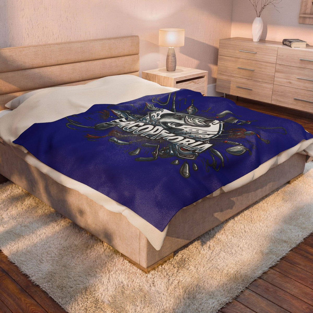Fishing Graphic Velveteen Plush Blanket – “ERGOPHOBIA” Bass Design