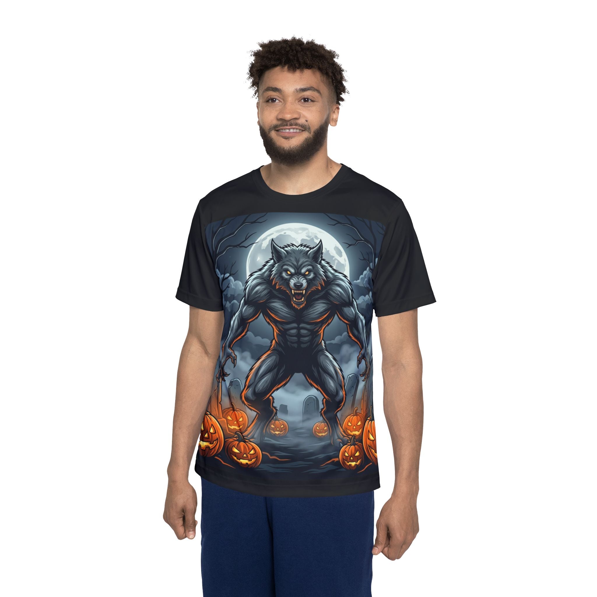 Werewolf Halloween Jersey — Men’s All-Over Print Sports Shirt with Jack-O’-Lanterns