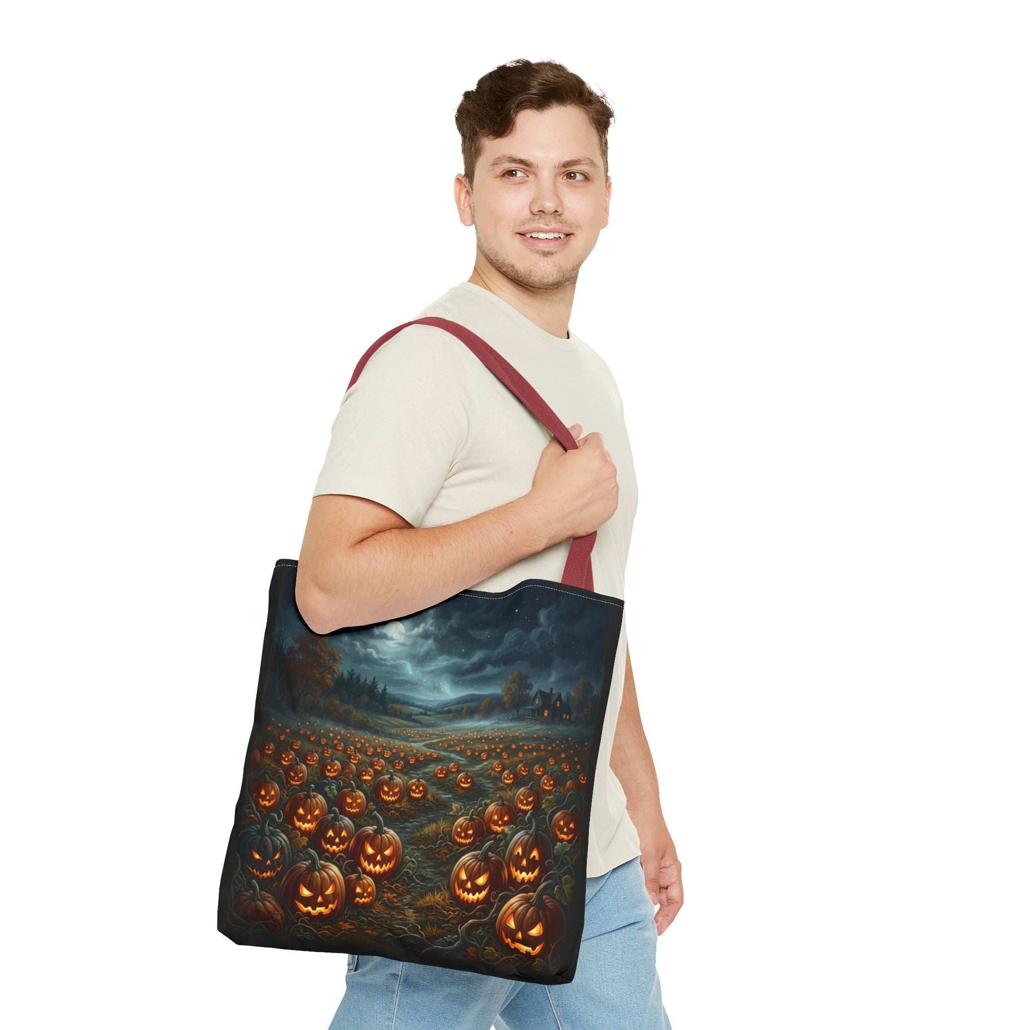 Halloween Pumpkin Field Tote Bag — Spooky Jack-O'-Lantern All-Over Print
