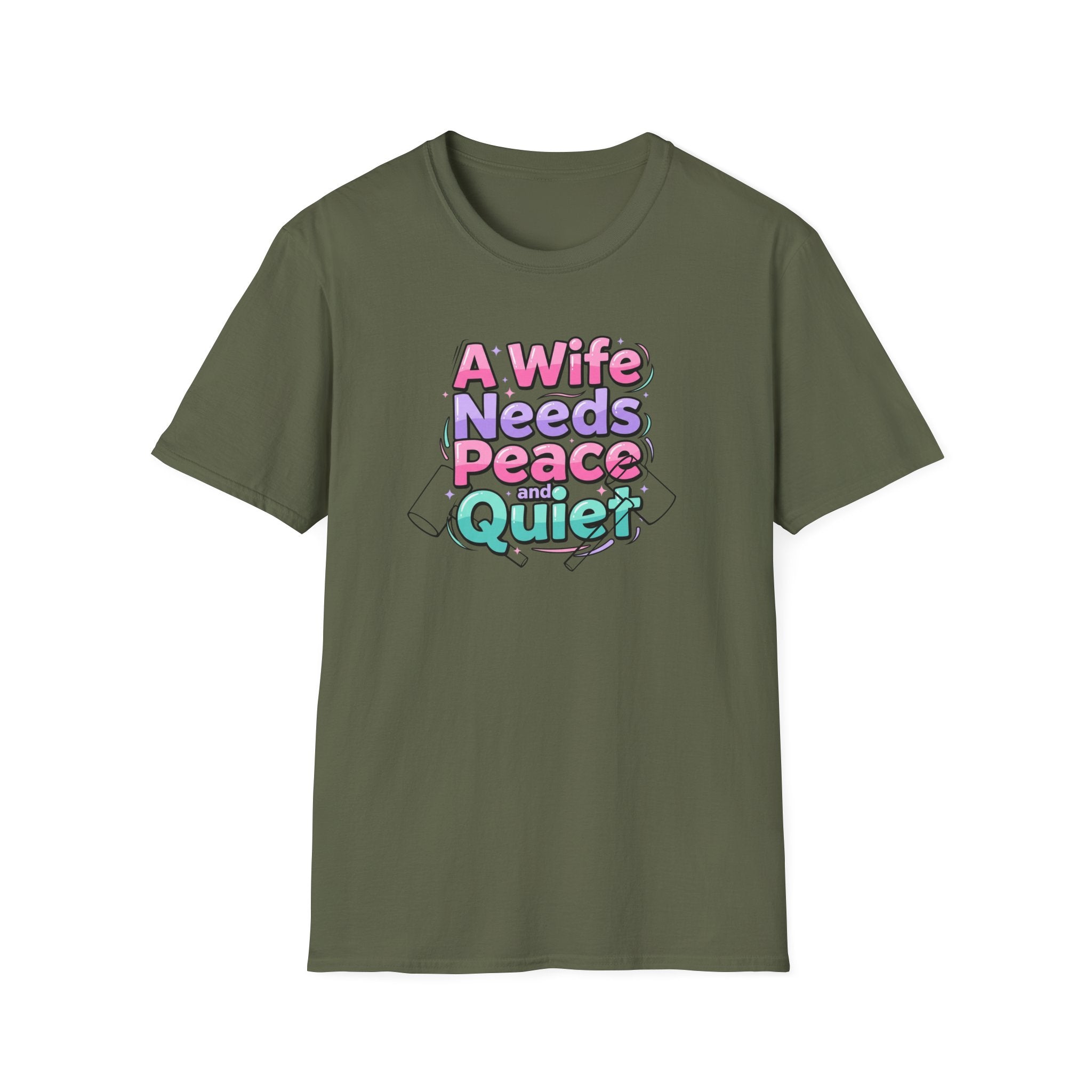 Womens T-Shirt “A Wife Needs Peace and Quiet” – Funny Retro Pastel Graphic Tee