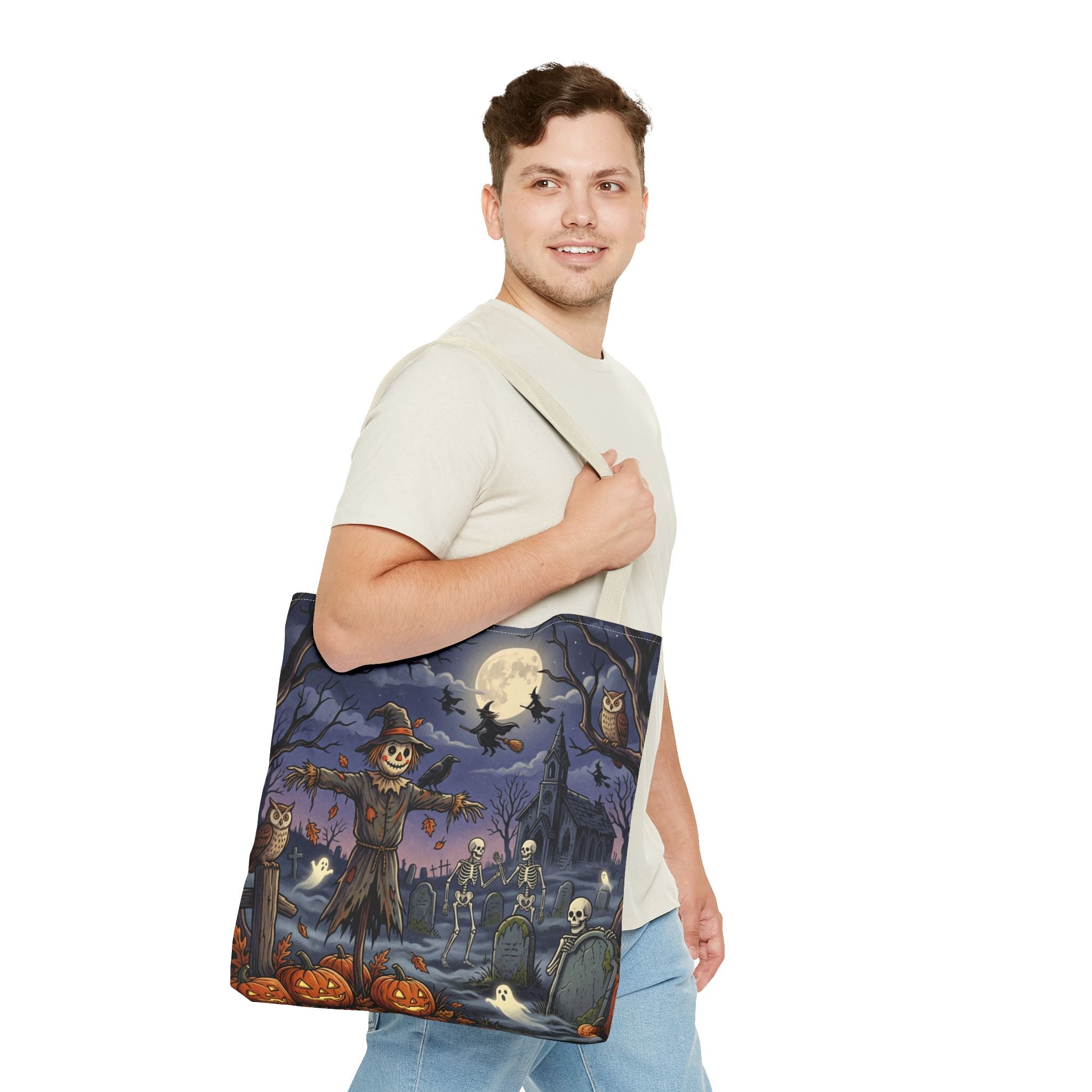 Halloween Haunted Night Tote Bag – Spooky Scarecrow & Skeletons All-Over Print