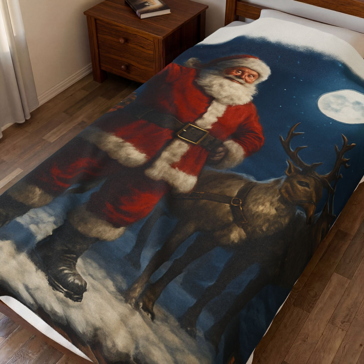 Santa Claus and Reindeer Christmas Velveteen Plush Blanket