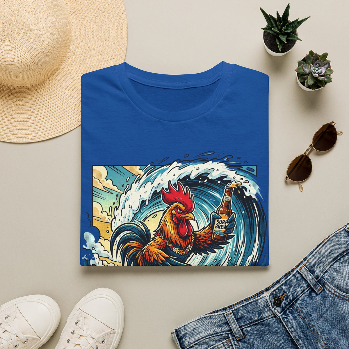 Surfing Rooster T-Shirt — Vintage Wave Rooster Holding Beer Graphic Tee