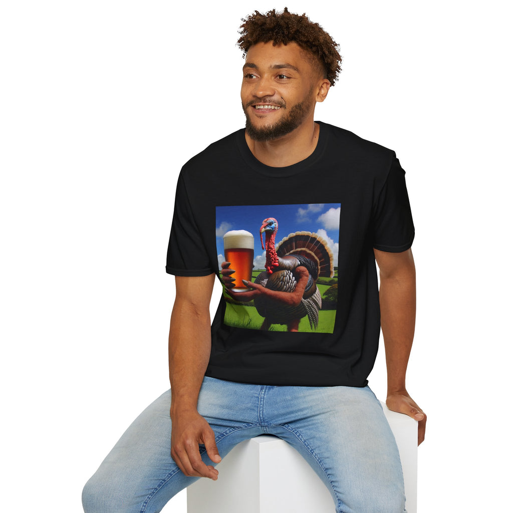 Thankful Turkey Beer T-Shirt — Funny Thanksgiving Turkey Holding Pint Tee