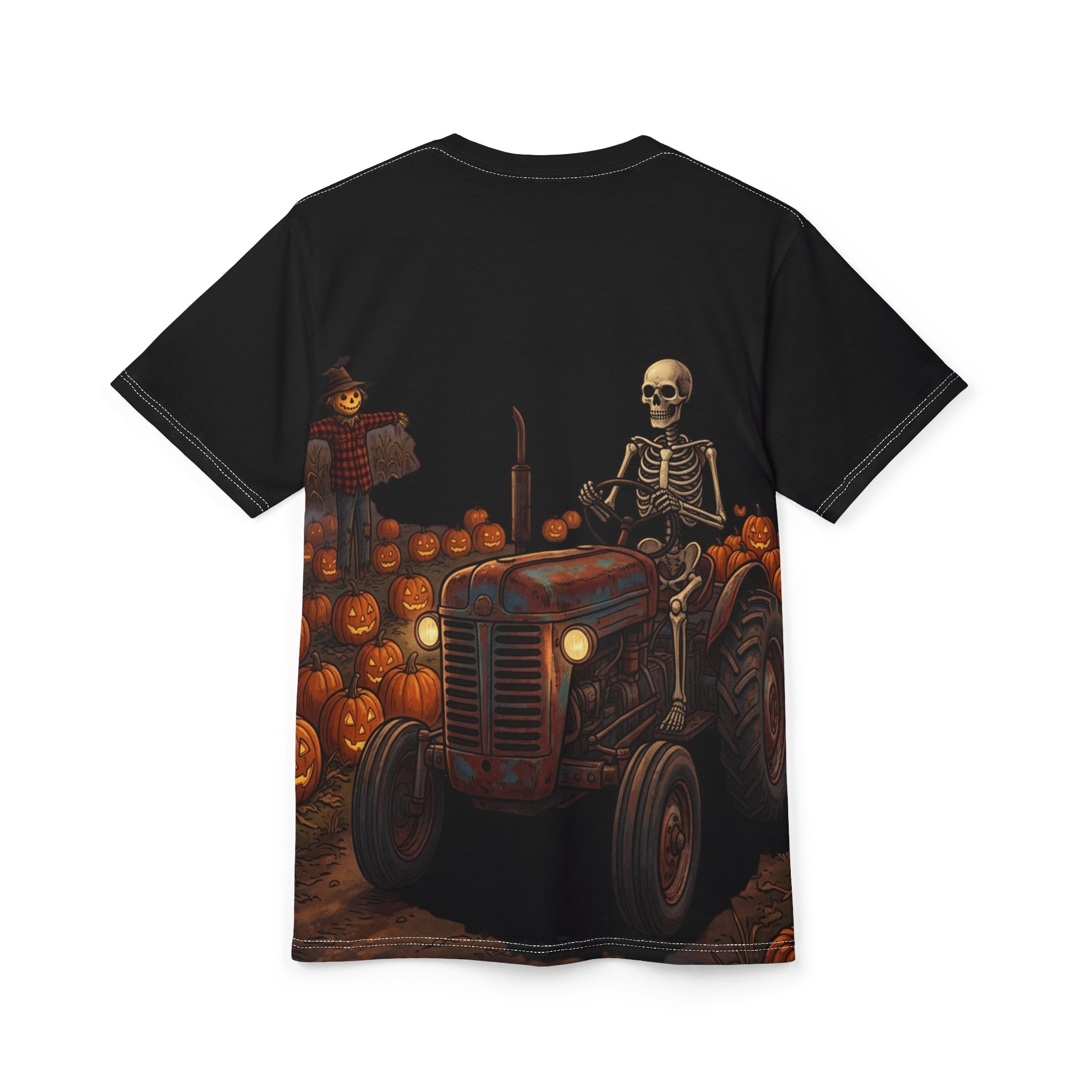 Skeleton on Tractor Halloween Tee — Pumpkin Patch All-Over Print Shirt
