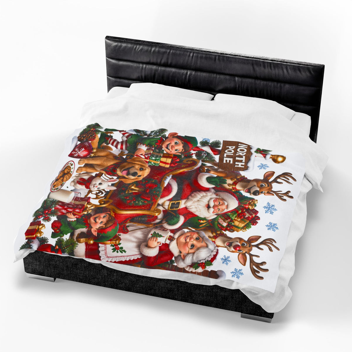 North Pole Christmas Santa & Reindeer Velveteen Plush Blanket