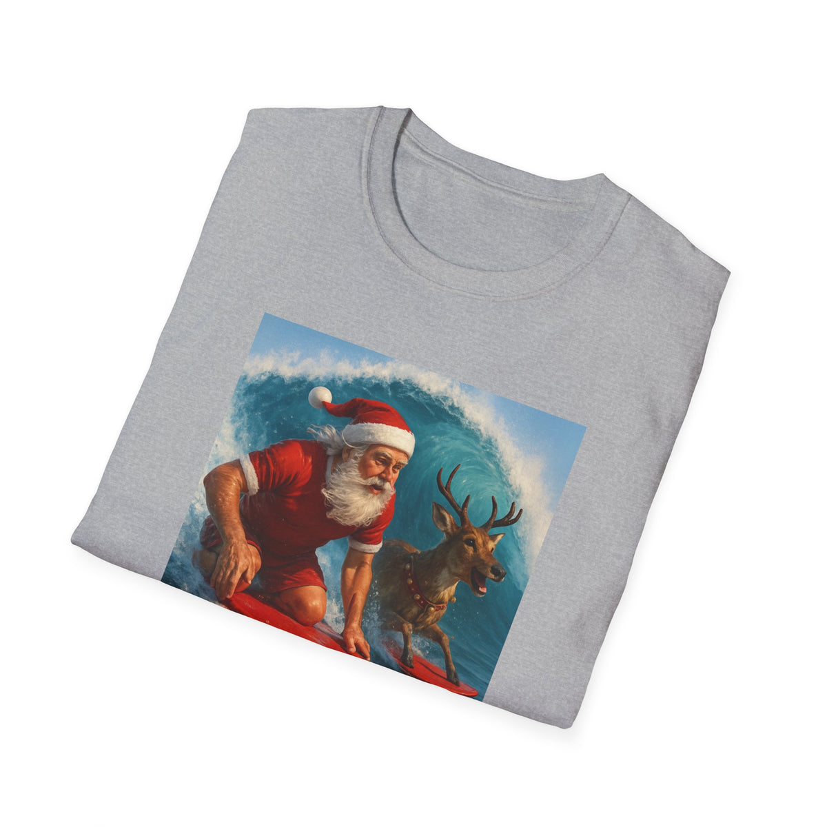 Santa Surfing T-Shirt — Retro Santa and Reindeer Surf Holiday Tee
