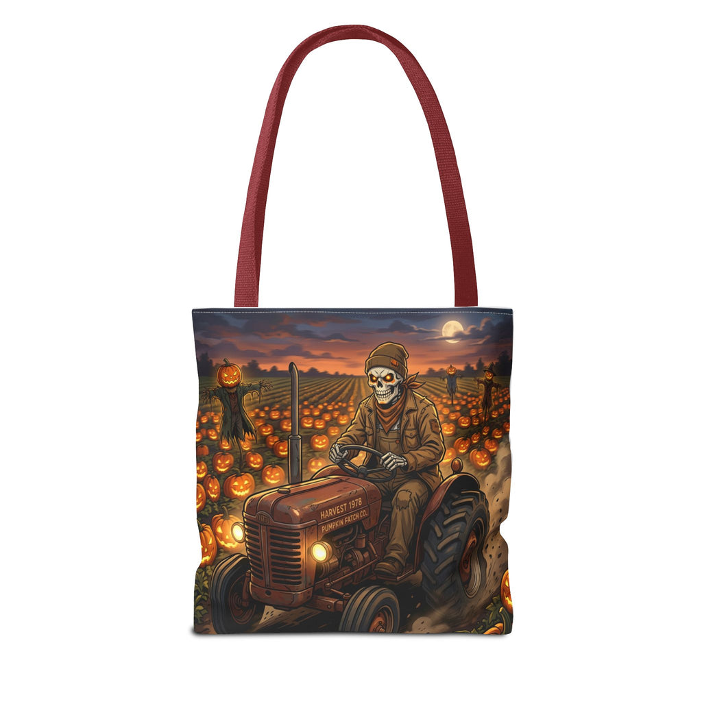 Halloween Pumpkin Field Tote — Skeletal Farmer on Tractor AOP Tote Bag