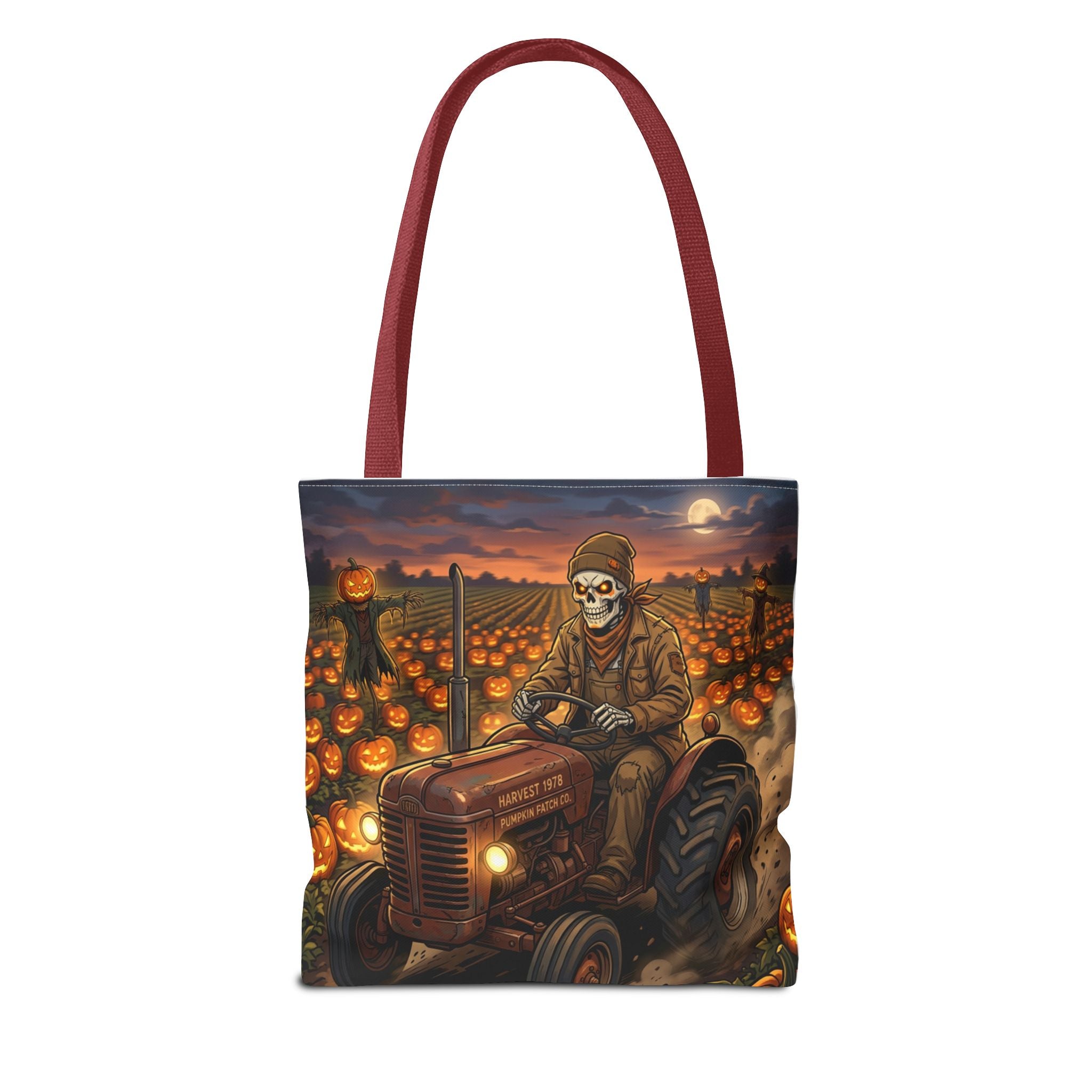 Halloween Pumpkin Field Tote — Skeletal Farmer on Tractor AOP Tote Bag