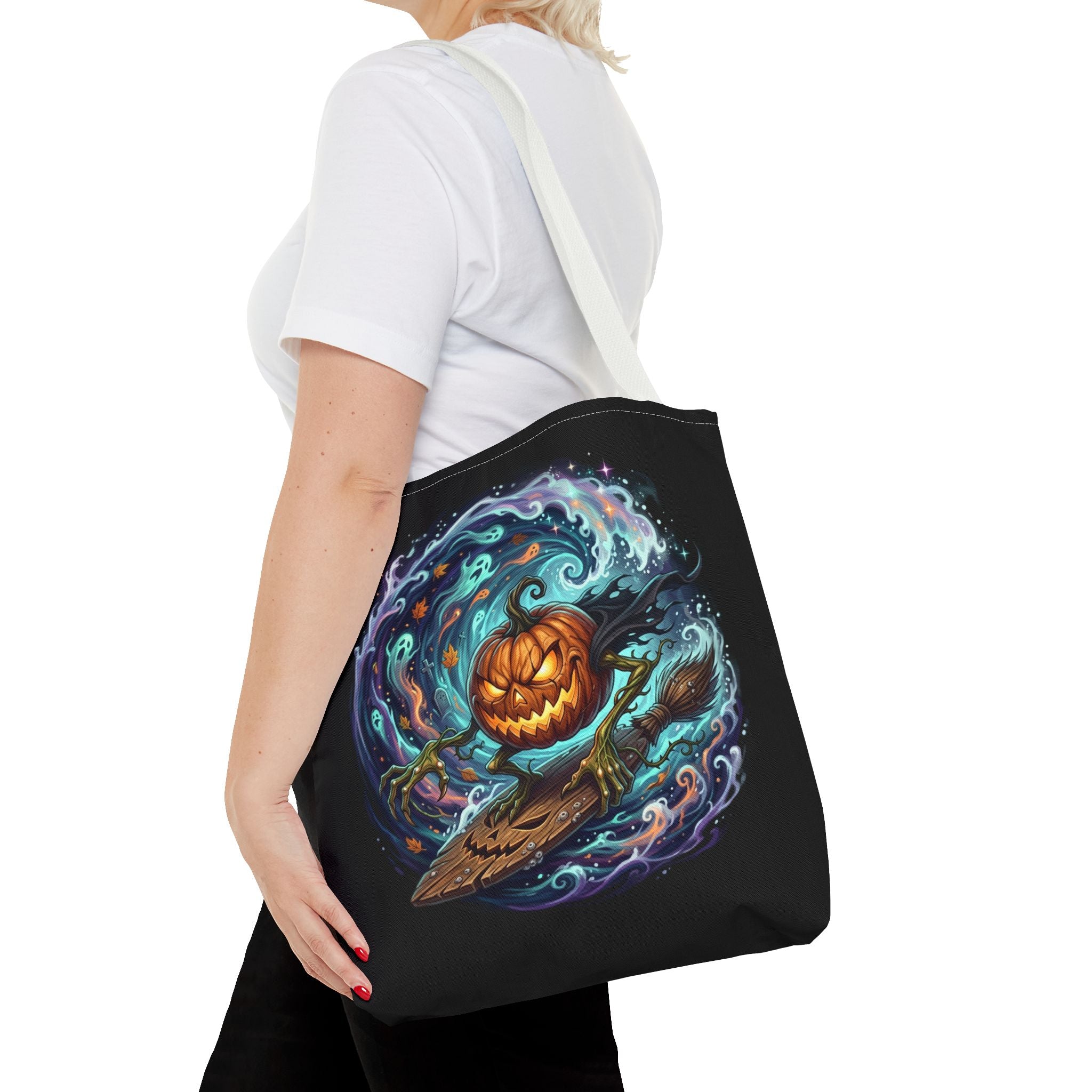 Halloween Surfing Pumpkin Tote Bag — Spooky Jack-o'-Lantern Beach Wave Tote