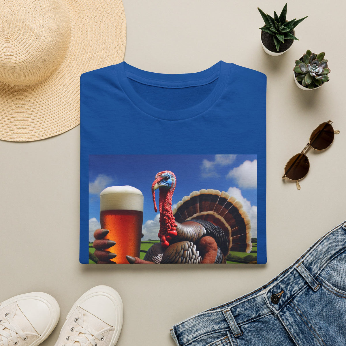 Thankful Turkey Beer T-Shirt — Funny Thanksgiving Turkey Holding Pint Tee