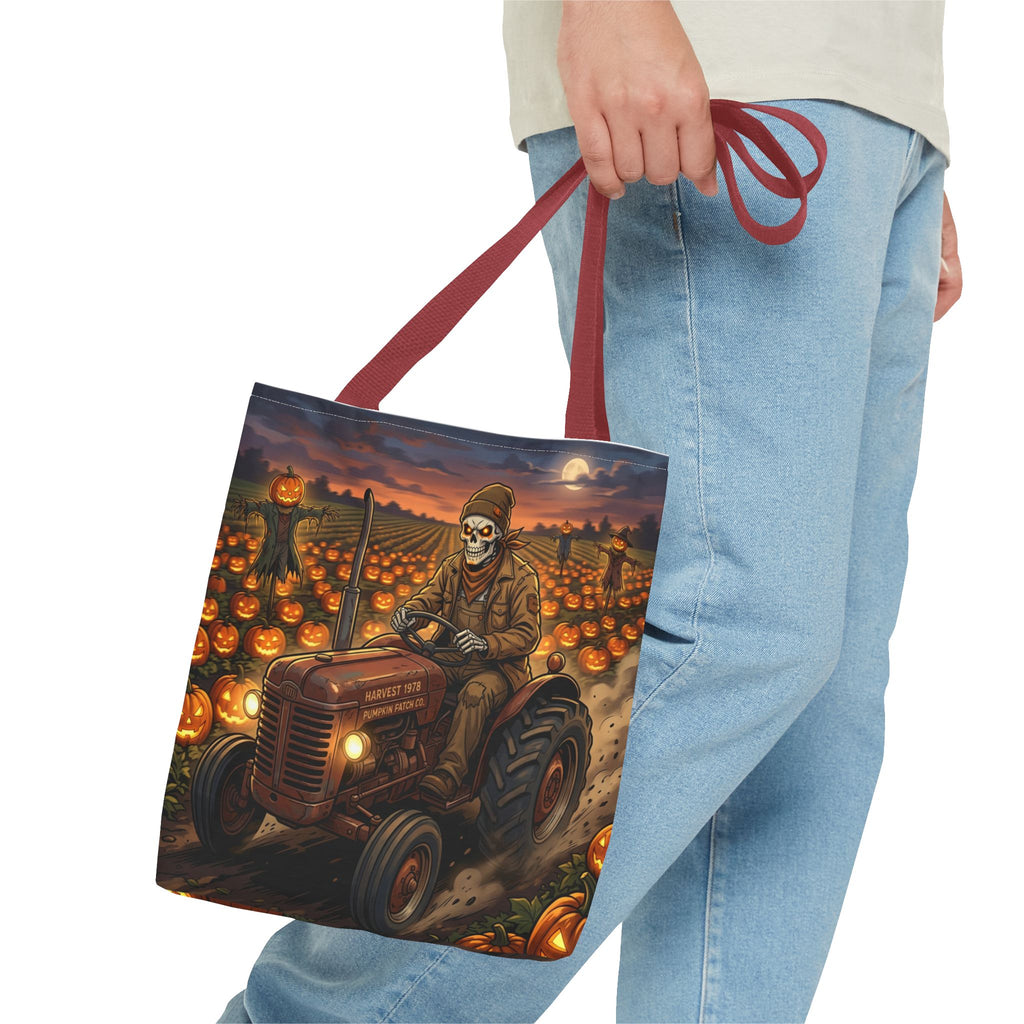 Halloween Pumpkin Field Tote — Skeletal Farmer on Tractor AOP Tote Bag