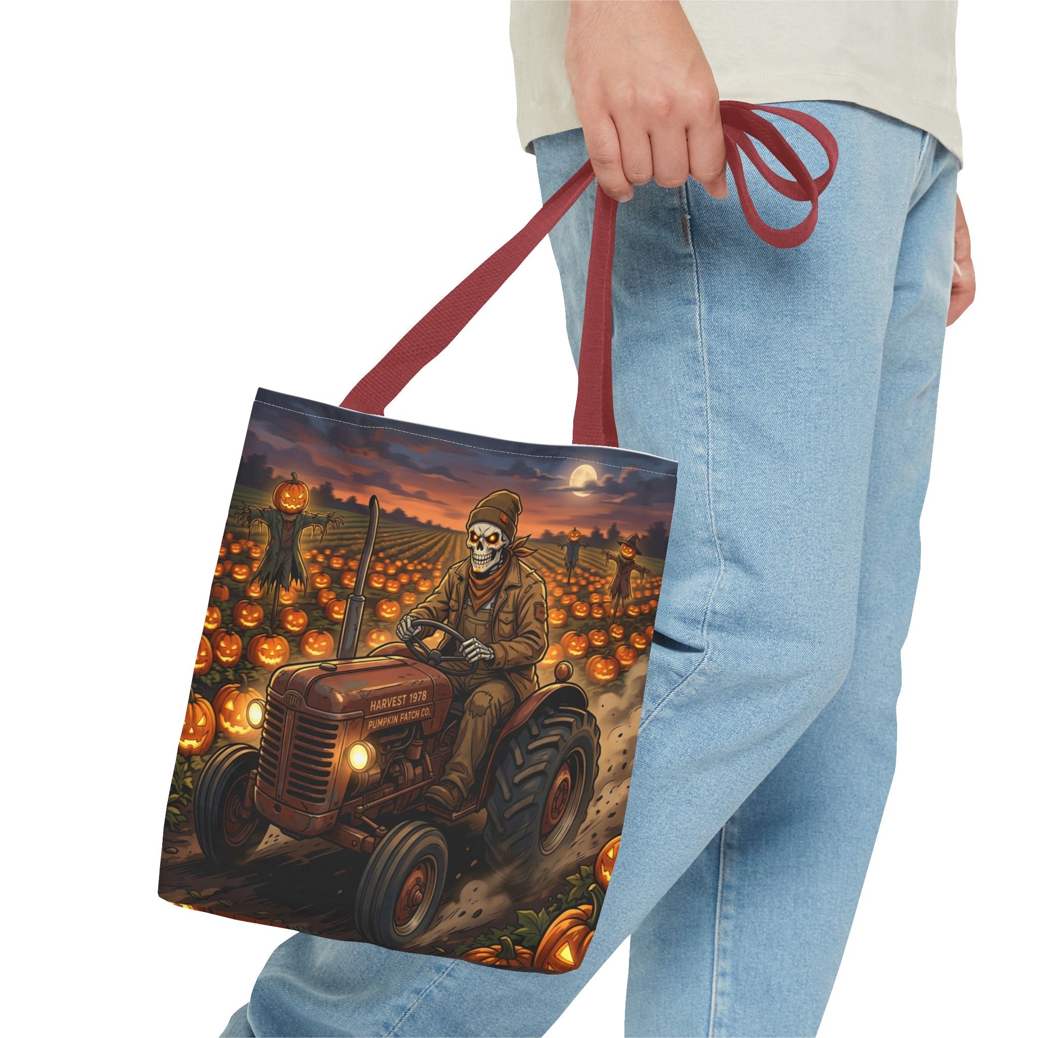 Halloween Pumpkin Field Tote — Skeletal Farmer on Tractor AOP Tote Bag