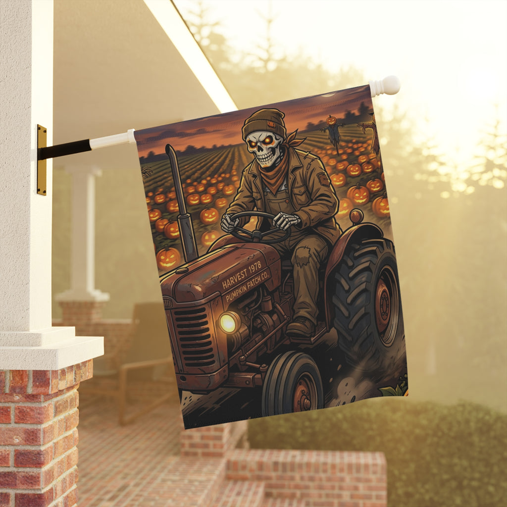 Halloween Pumpkin Patch Garden Flag – Skeleton Farmer on Tractor Fall Yard Banner