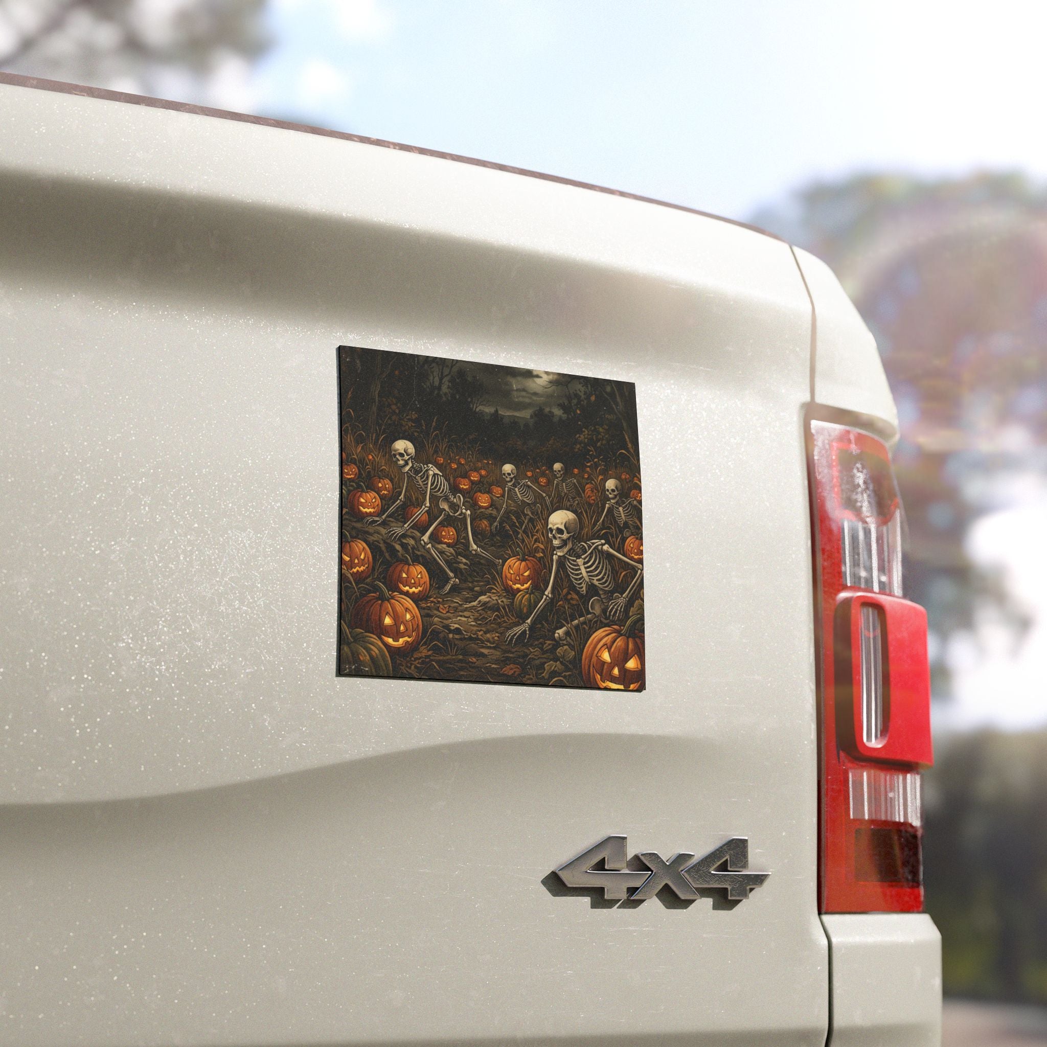 Halloween Skeleton Pumpkin Patch Car Magnet — Spooky Night Road Trip Decoration