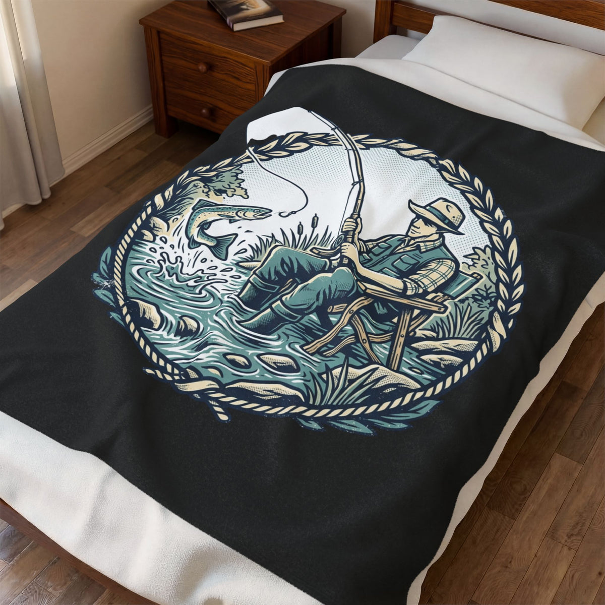 Vintage Fly Fishing Angler Velveteen Plush Blanket