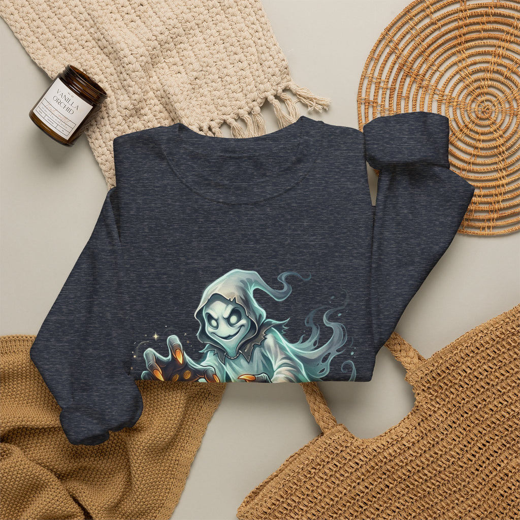 Treasure Ghost Halloween Crewneck Sweatshirt — Hooded Specter with Glowing Candy