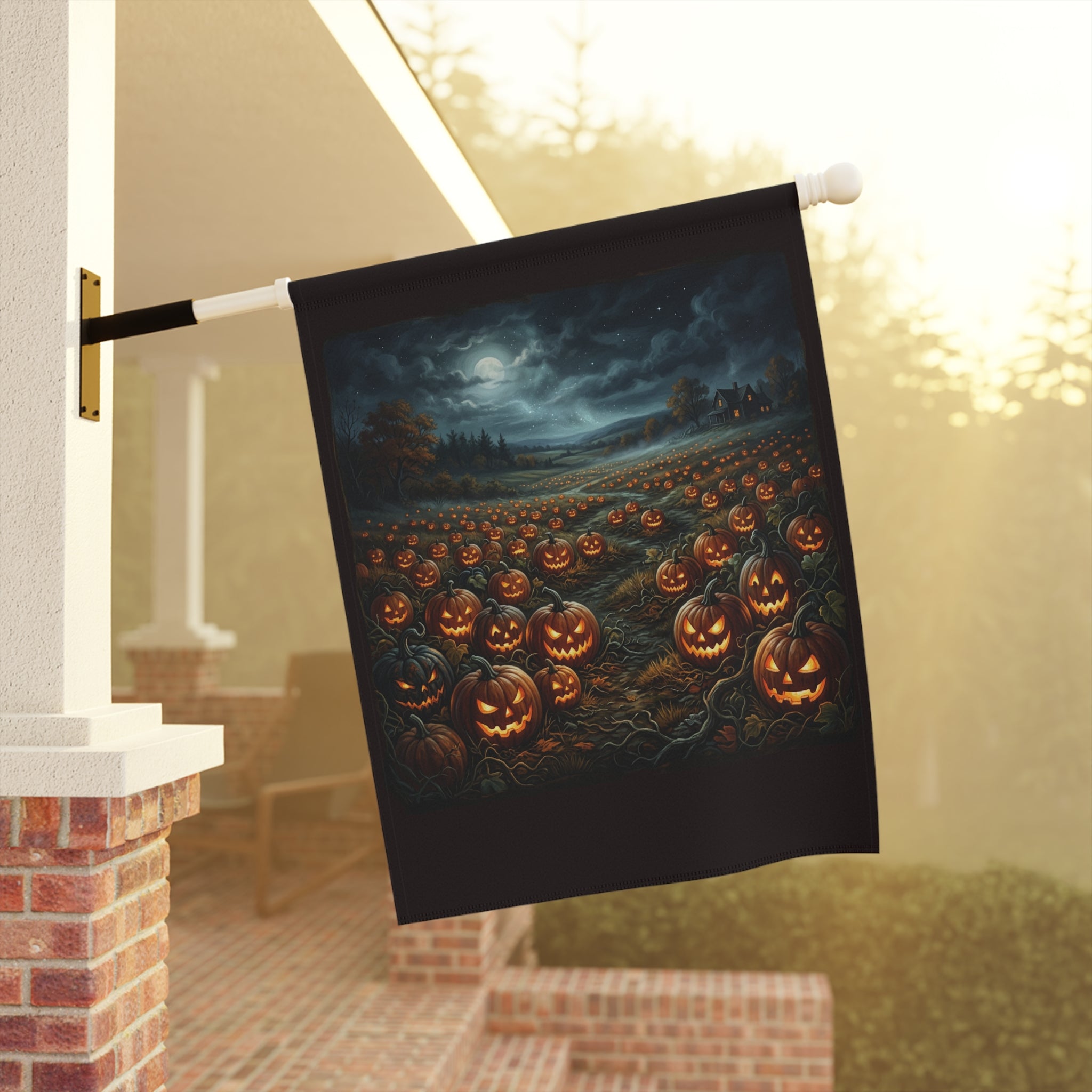 Halloween Jack-O'-Lantern Garden Flag — Spooky Moonlit Pumpkin Patch Banner