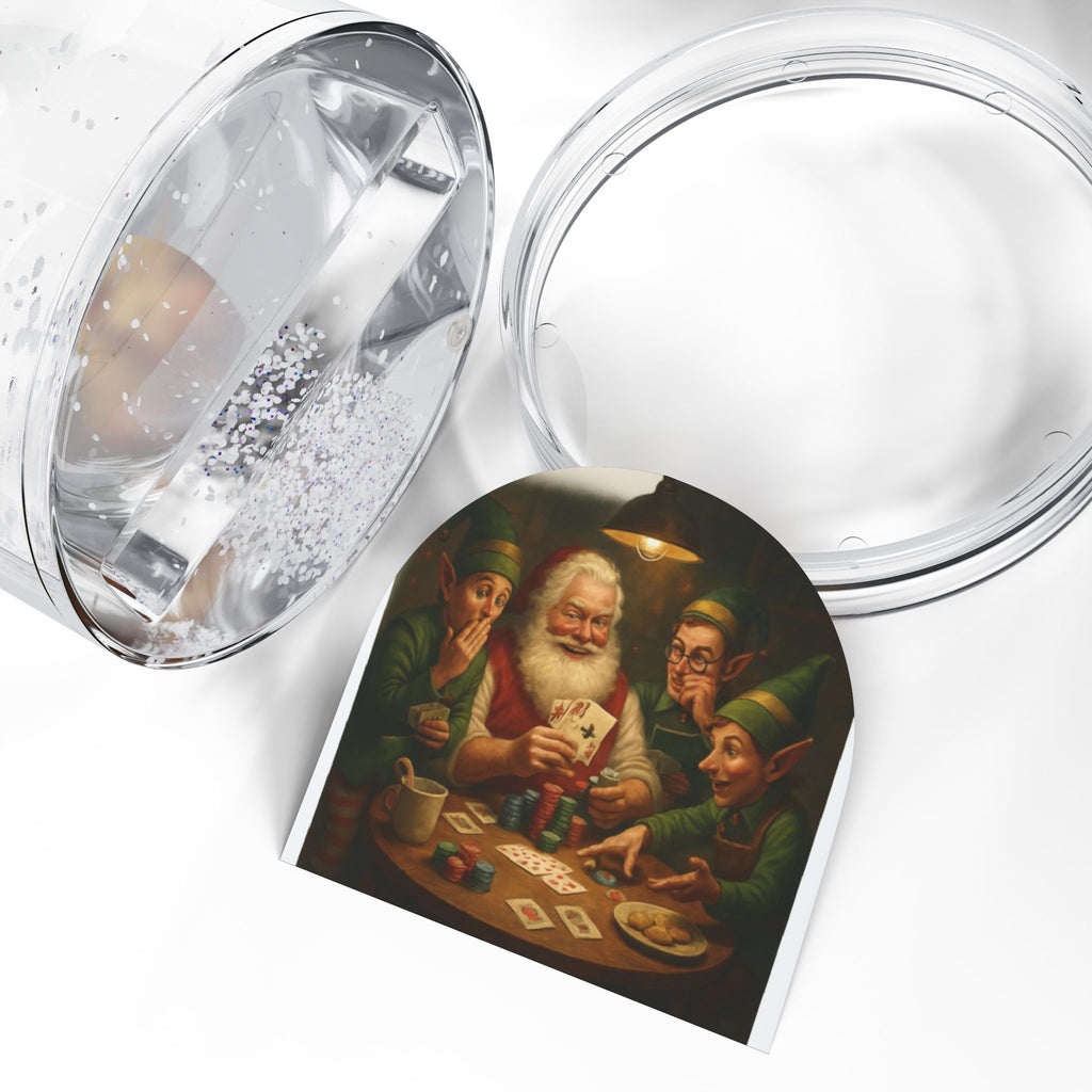Christmas Snow Globe – Santa and Elves Playing Cards Decorative Holiday Globe