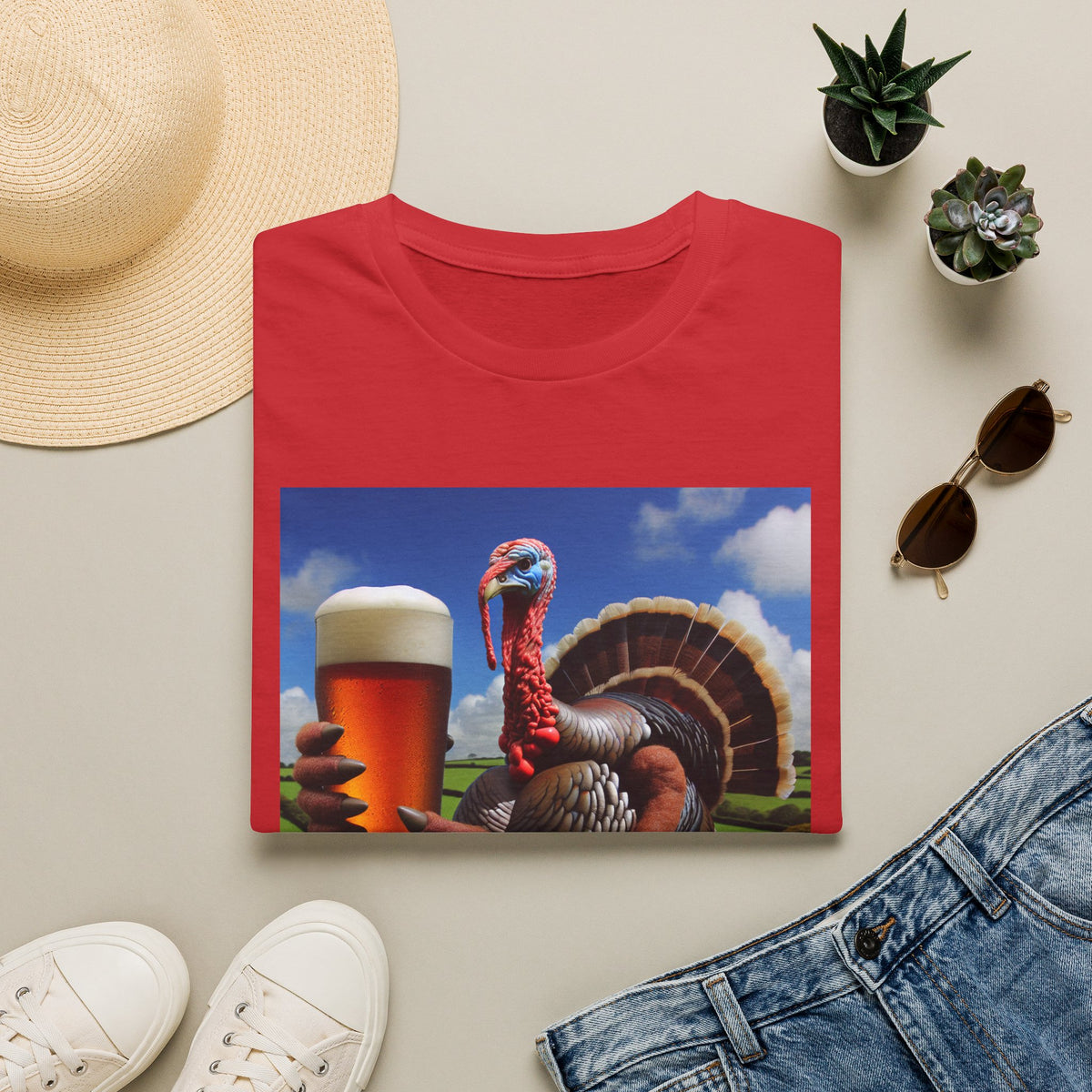 Thankful Turkey Beer T-Shirt — Funny Thanksgiving Turkey Holding Pint Tee