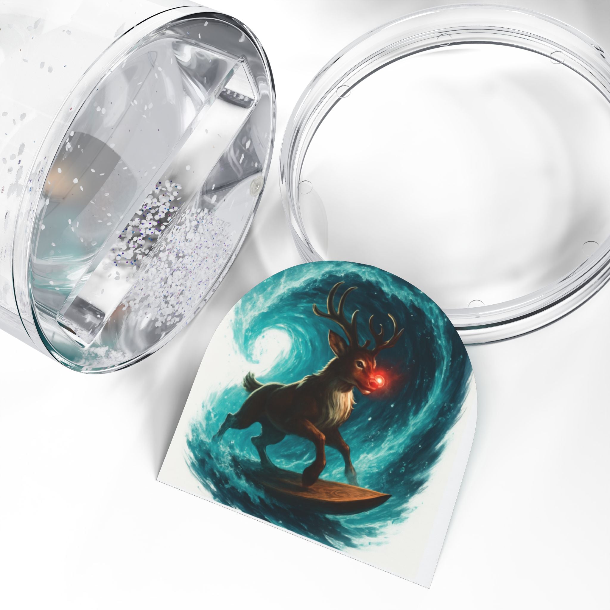Rudolph Surfing Reindeer Snow Globe — Christmas Holiday Decorative Keepsake