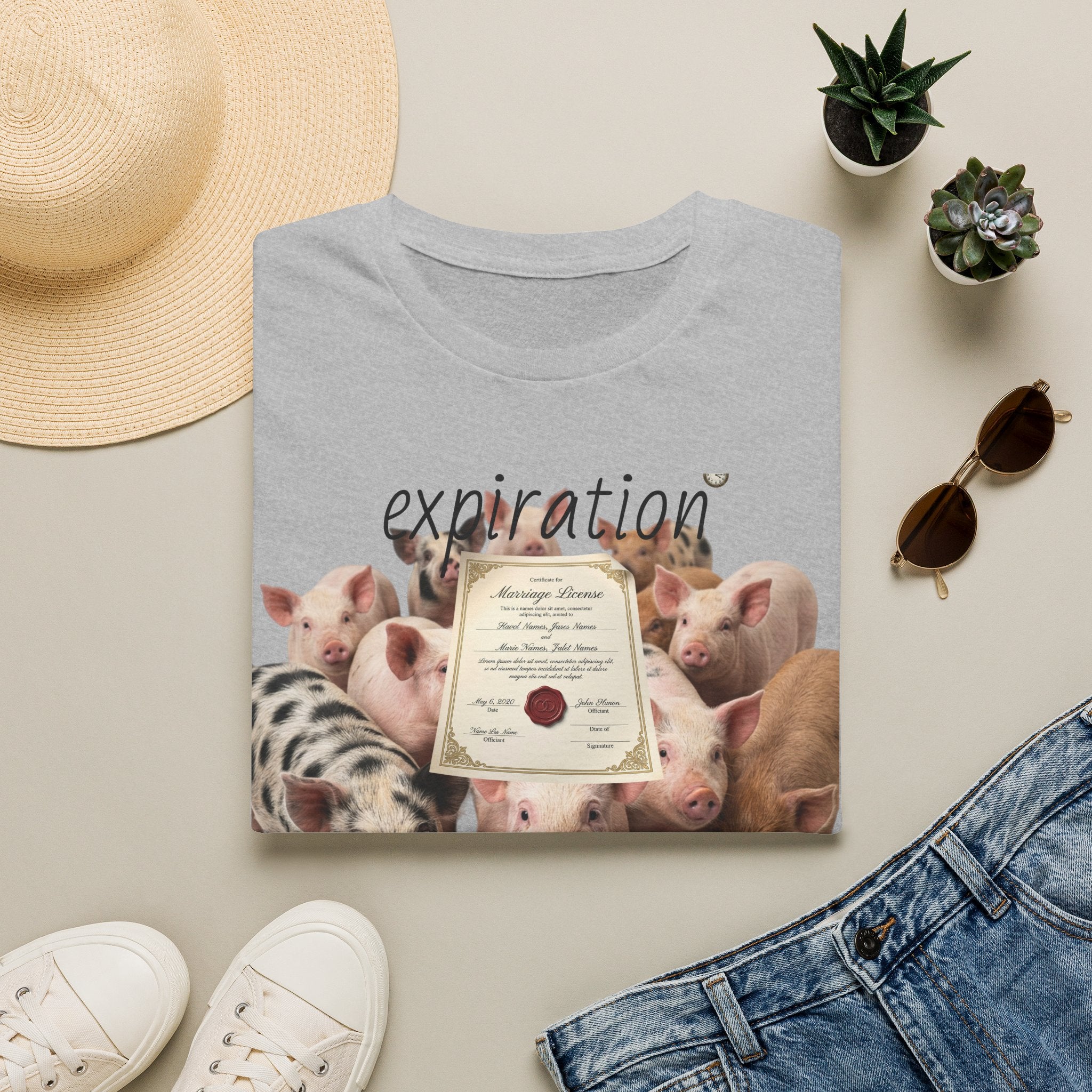Pig Adoption Certificate T-Shirt — "Expiration Date" Cute Farm Piglet Tee