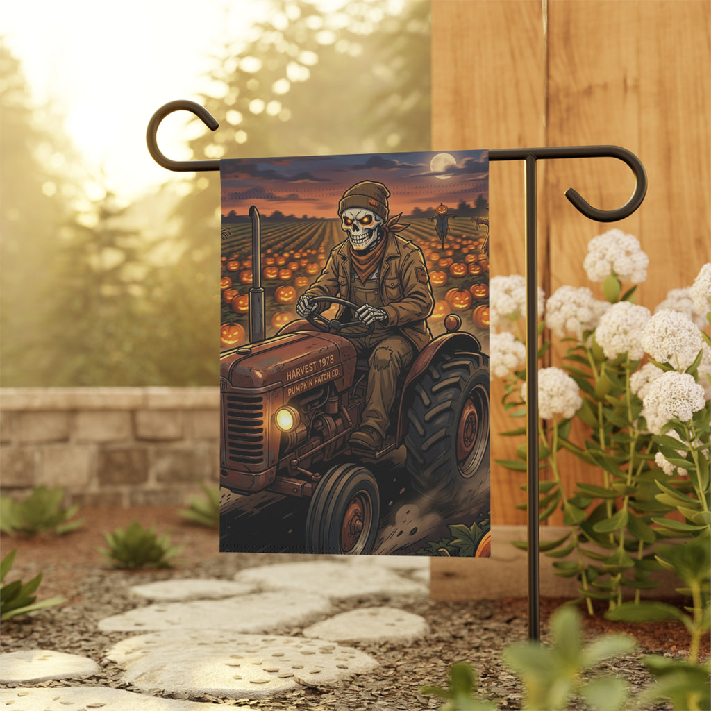 Halloween Pumpkin Patch Garden Flag – Skeleton Farmer on Tractor Fall Yard Banner