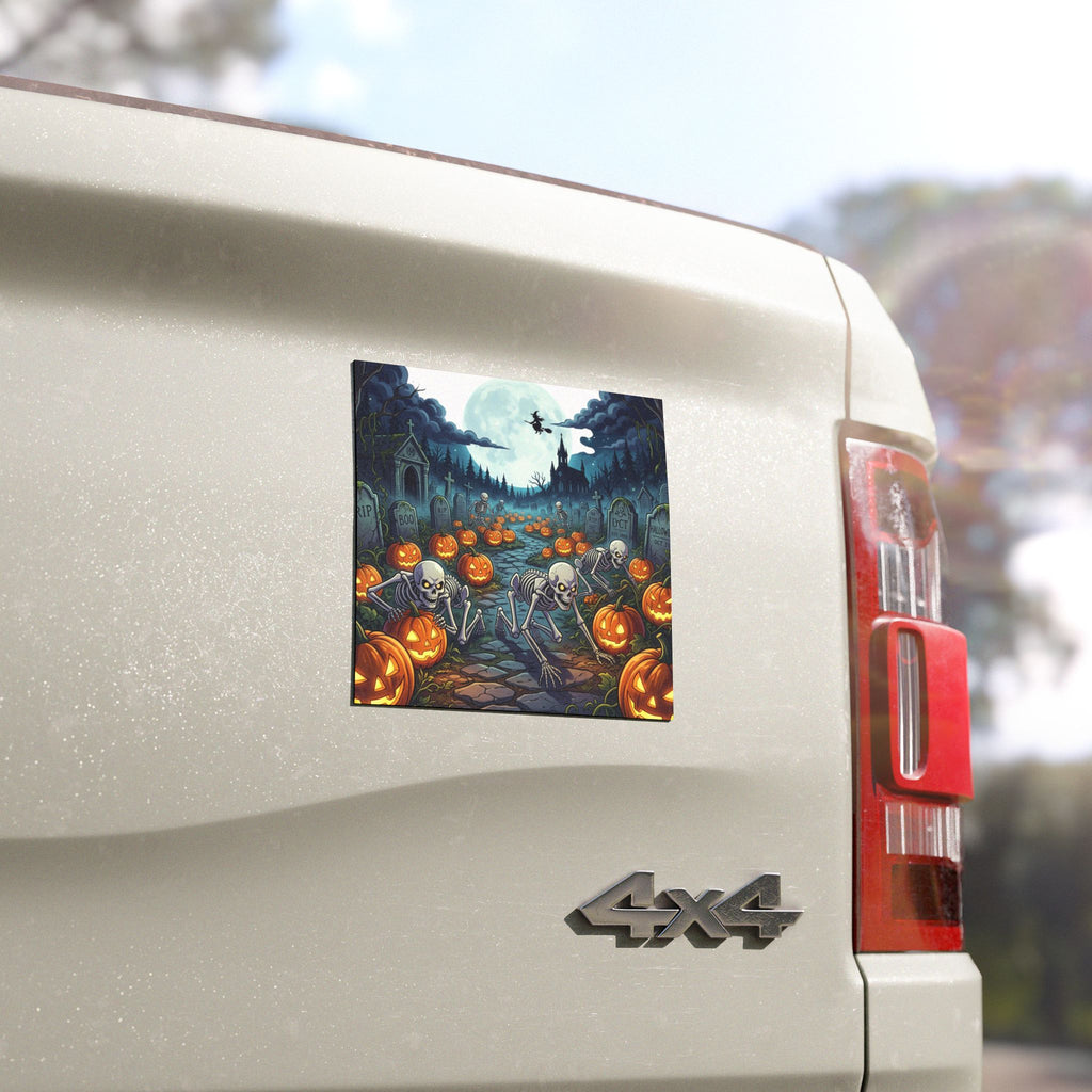 Halloween Skeleton & Jack-O'-Lantern Car Magnet — Spooky Graveyard Auto Decoration