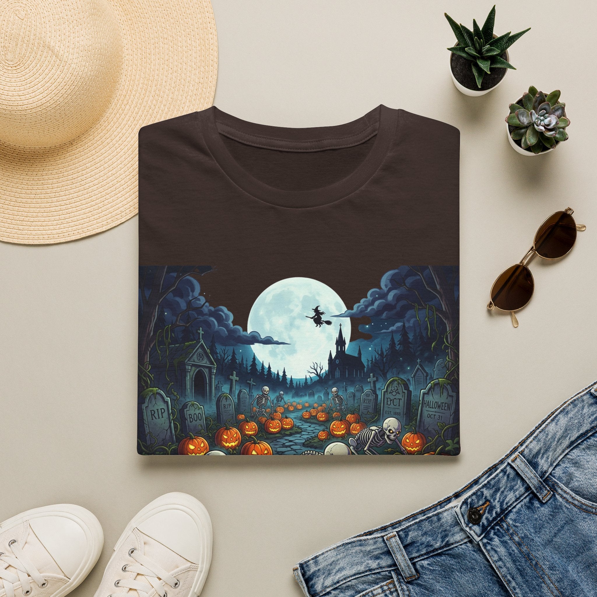 Halloween Pumpkin Patch T-Shirt — Haunted Moonlit Cemetery Graphic Tee