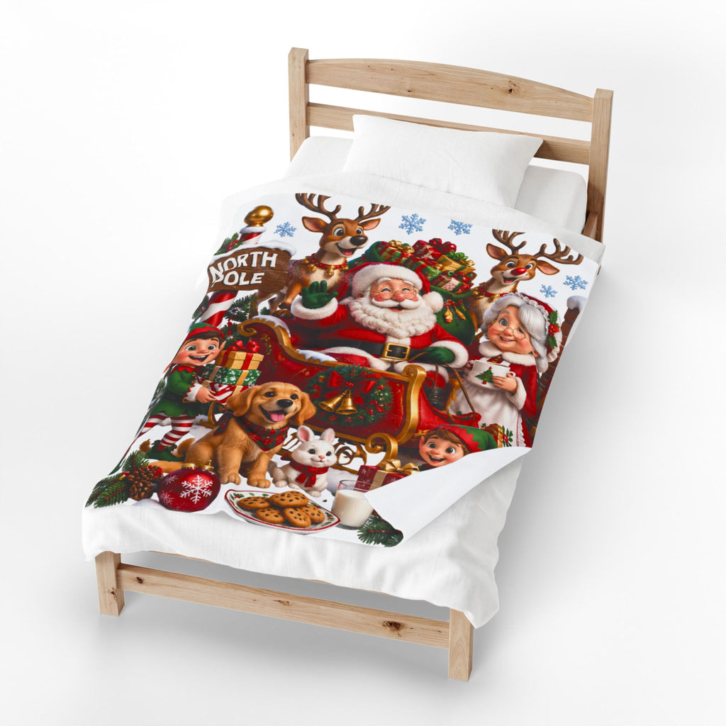 North Pole Christmas Santa & Reindeer Velveteen Plush Blanket