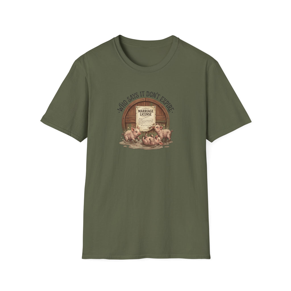 Funny Pig Wedding T-Shirt — "Who Says It Don't Expire" Marriage License Graphic Tee