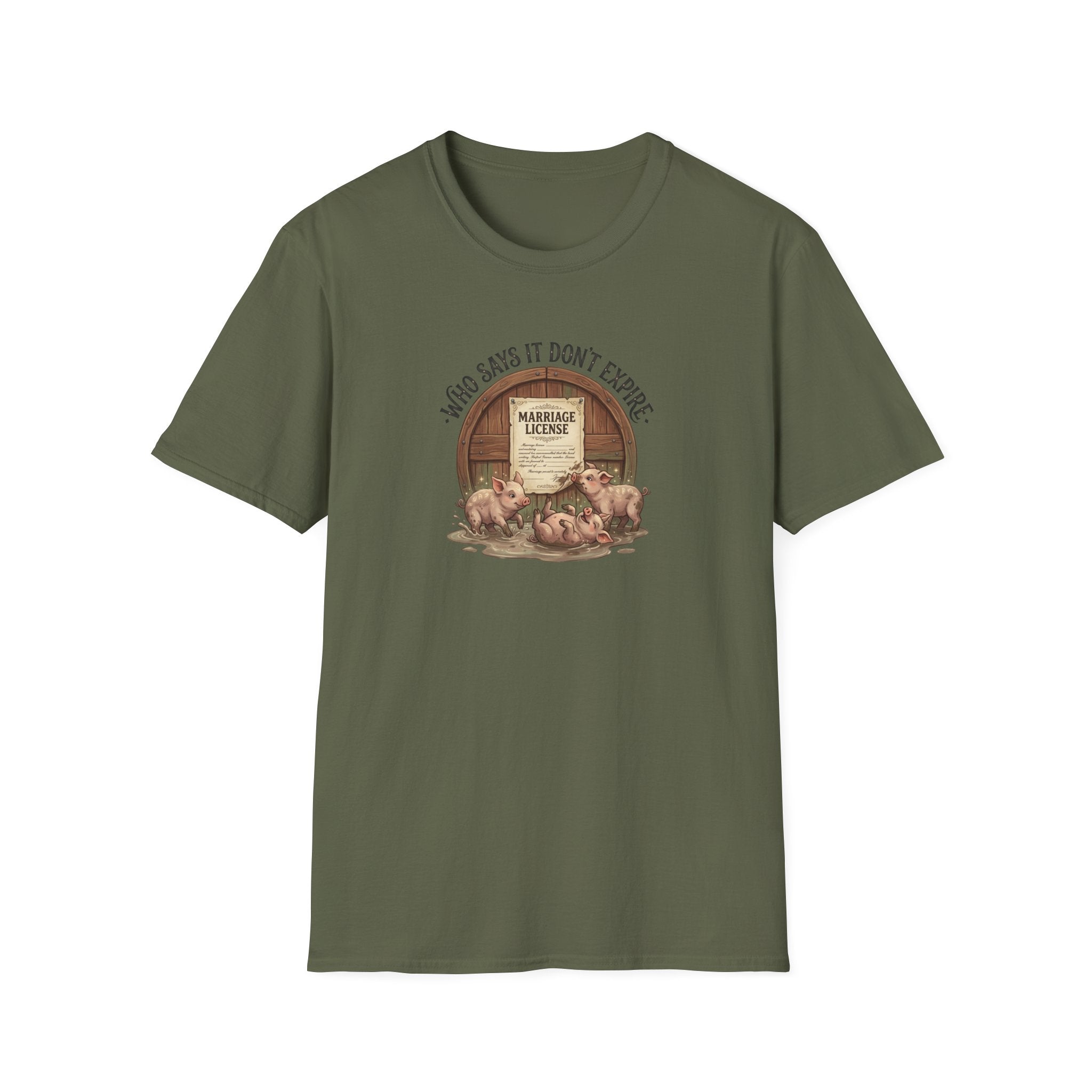 Funny Pig Wedding T-Shirt — "Who Says It Don't Expire" Marriage License Graphic Tee