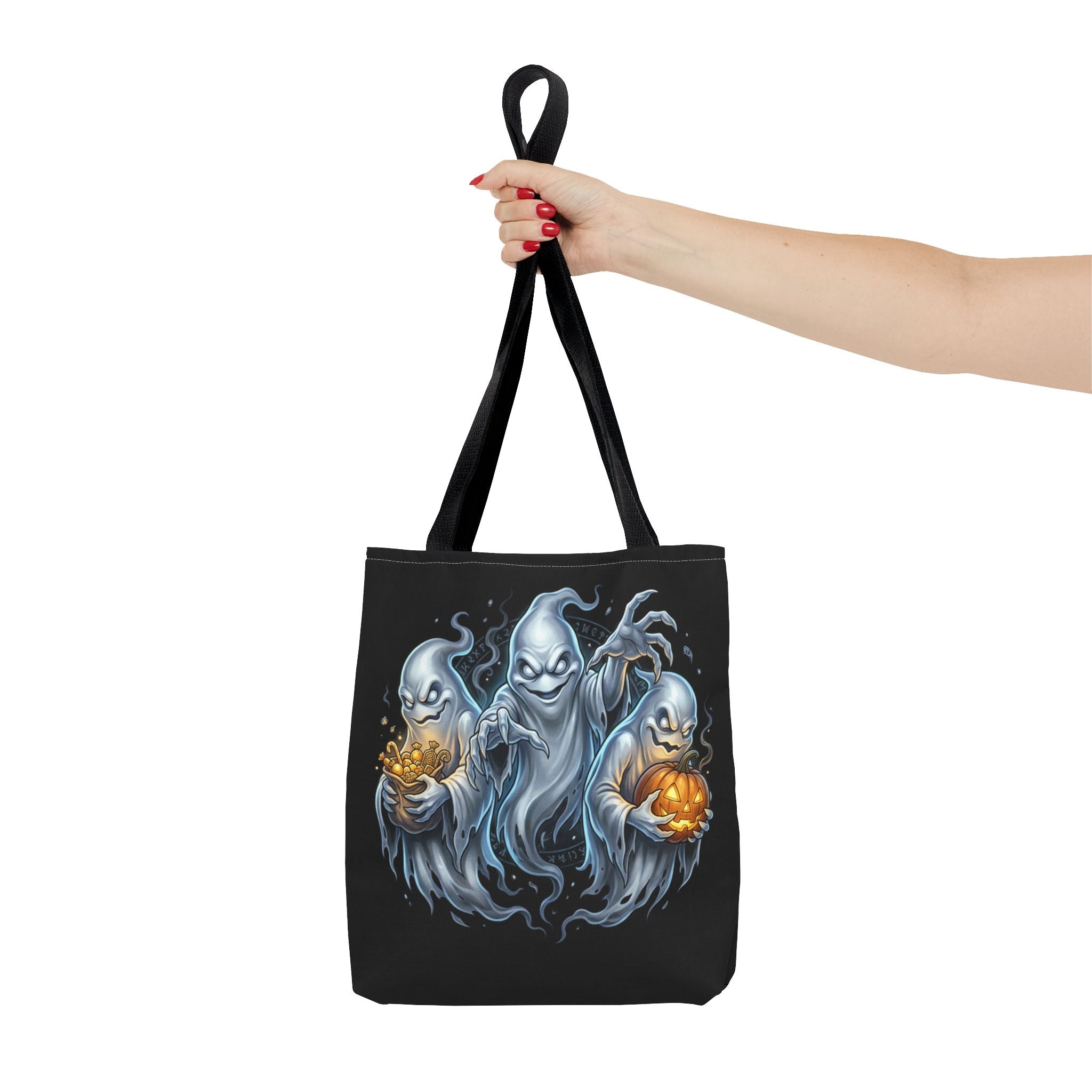 Halloween Ghost Trio Tote Bag — Spooky Pumpkin Trick-or-Treat AOP Tote