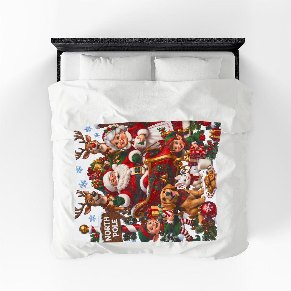 North Pole Christmas Santa & Reindeer Velveteen Plush Blanket