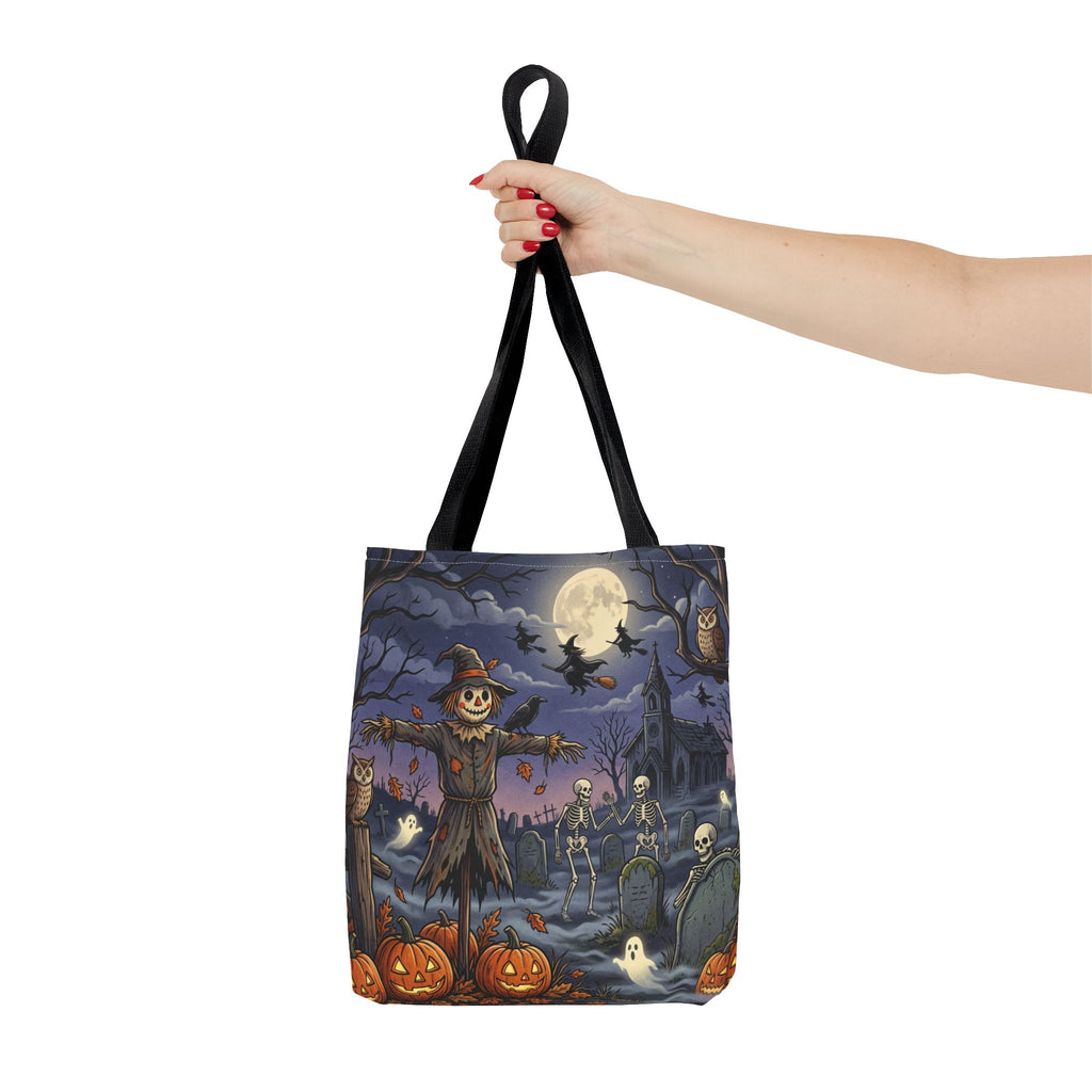Halloween Haunted Night Tote Bag – Spooky Scarecrow & Skeletons All-Over Print