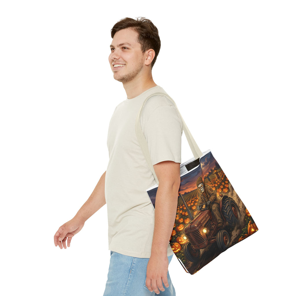 Halloween Pumpkin Field Tote — Skeletal Farmer on Tractor AOP Tote Bag