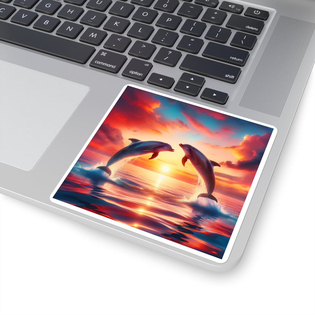 Dolphin Sunset Square Sticker — Vibrant Ocean Sunset Laptop Decal