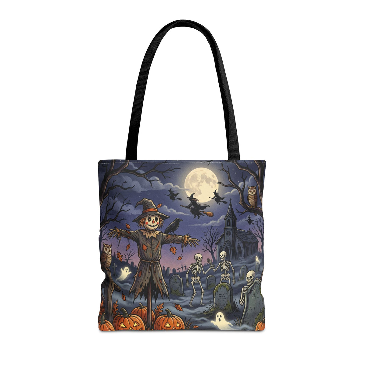 Halloween Haunted Night Tote Bag – Spooky Scarecrow & Skeletons All-Over Print