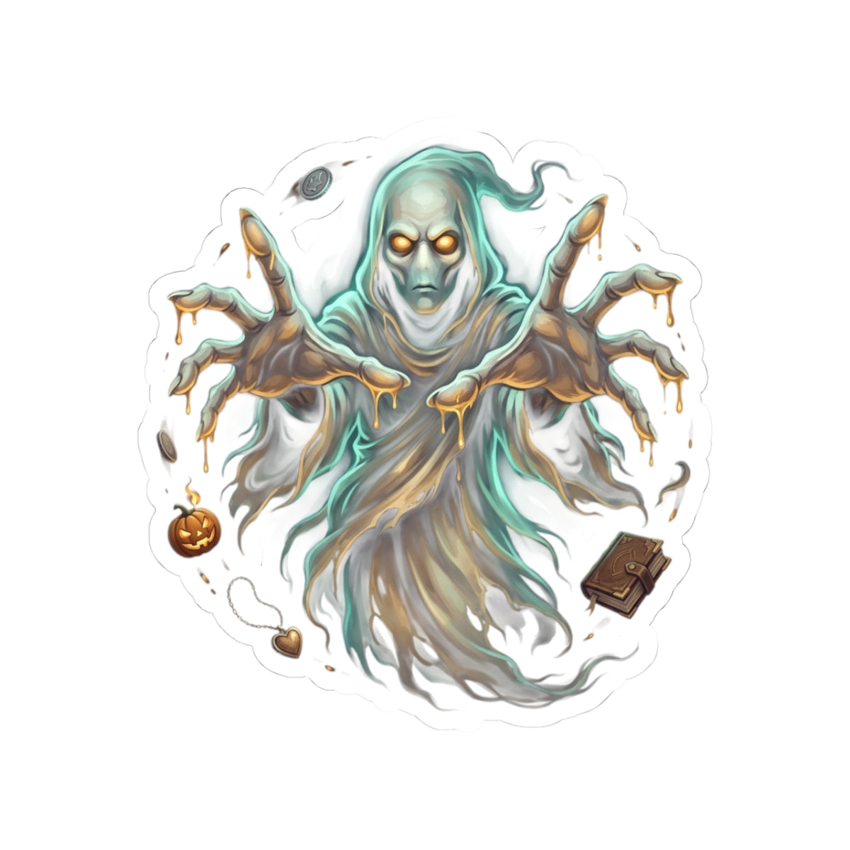 Hooded Specter with Pumpkin & Spellbook Halloween Kiss-Cut Sticker