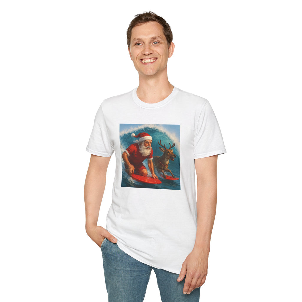 Santa Surfing T-Shirt — Retro Santa and Reindeer Surf Holiday Tee